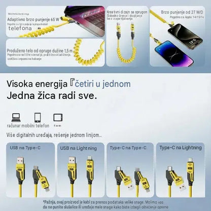 4 u 1 Uvlačivi Kabl za Brzo Punjenje – 65W, USB-C + Lightning